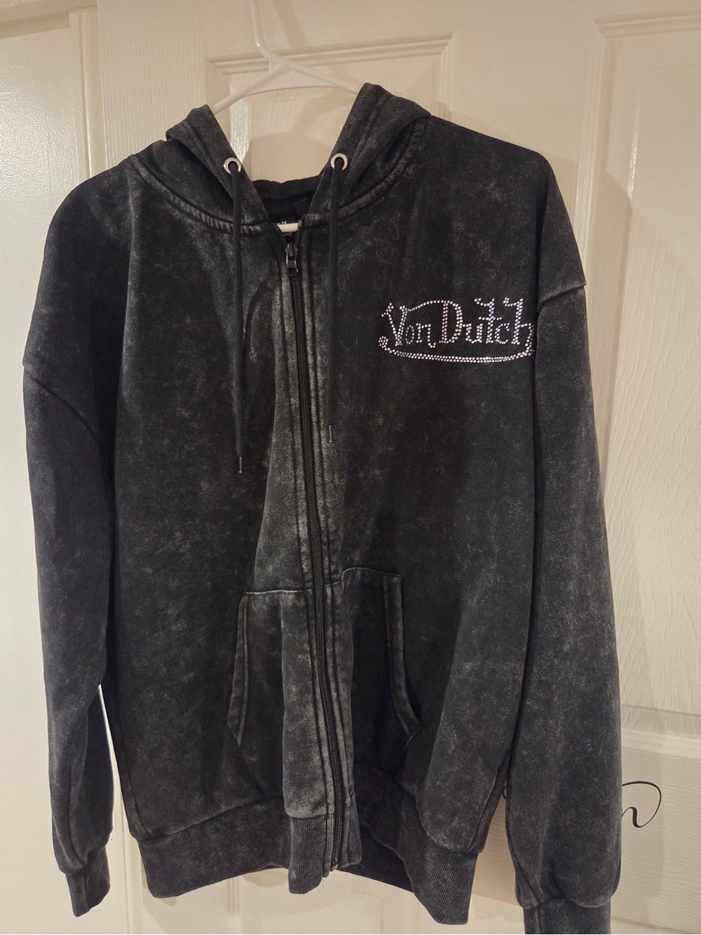 Von Dutch Black Washed Rhinestone Logo Zip Hoodie